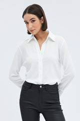 White Shirt Long Sleeve Collared Neck Textured