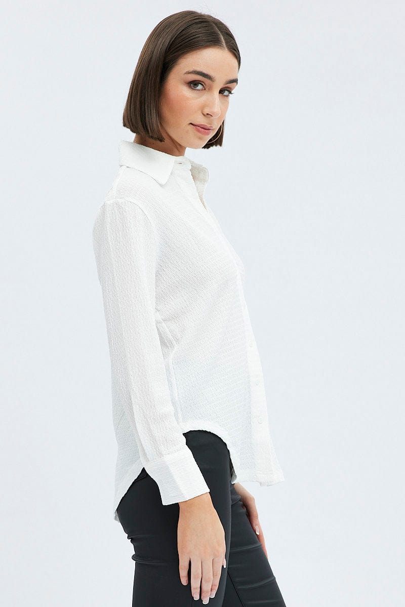 White Shirt Long Sleeve Collared Neck Textured