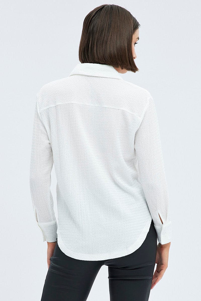 White Shirt Long Sleeve Collared Neck Textured