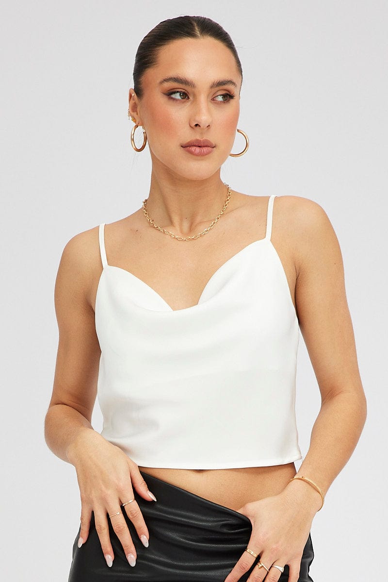 White Satin Cami Sleeveless Cowl Neck