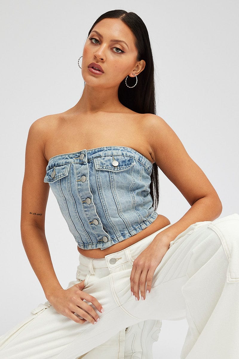 Denim Bandeau Top Sleeveless Corset