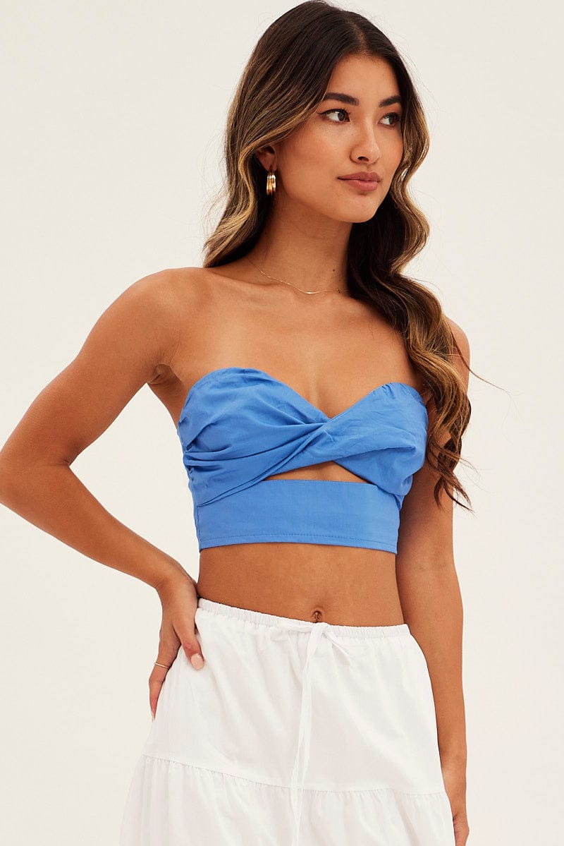 Blue Bandeau Twist Front Sleeveless Crop