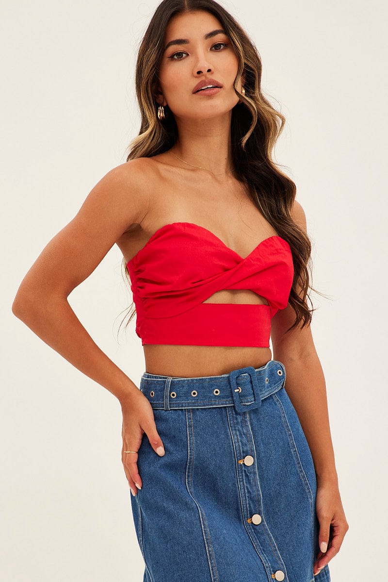 Red Bandeau Twist Front Sleeveless Crop