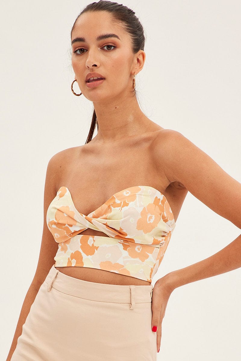 Orange Floral Twist Crop Top Bandeau Floral Print