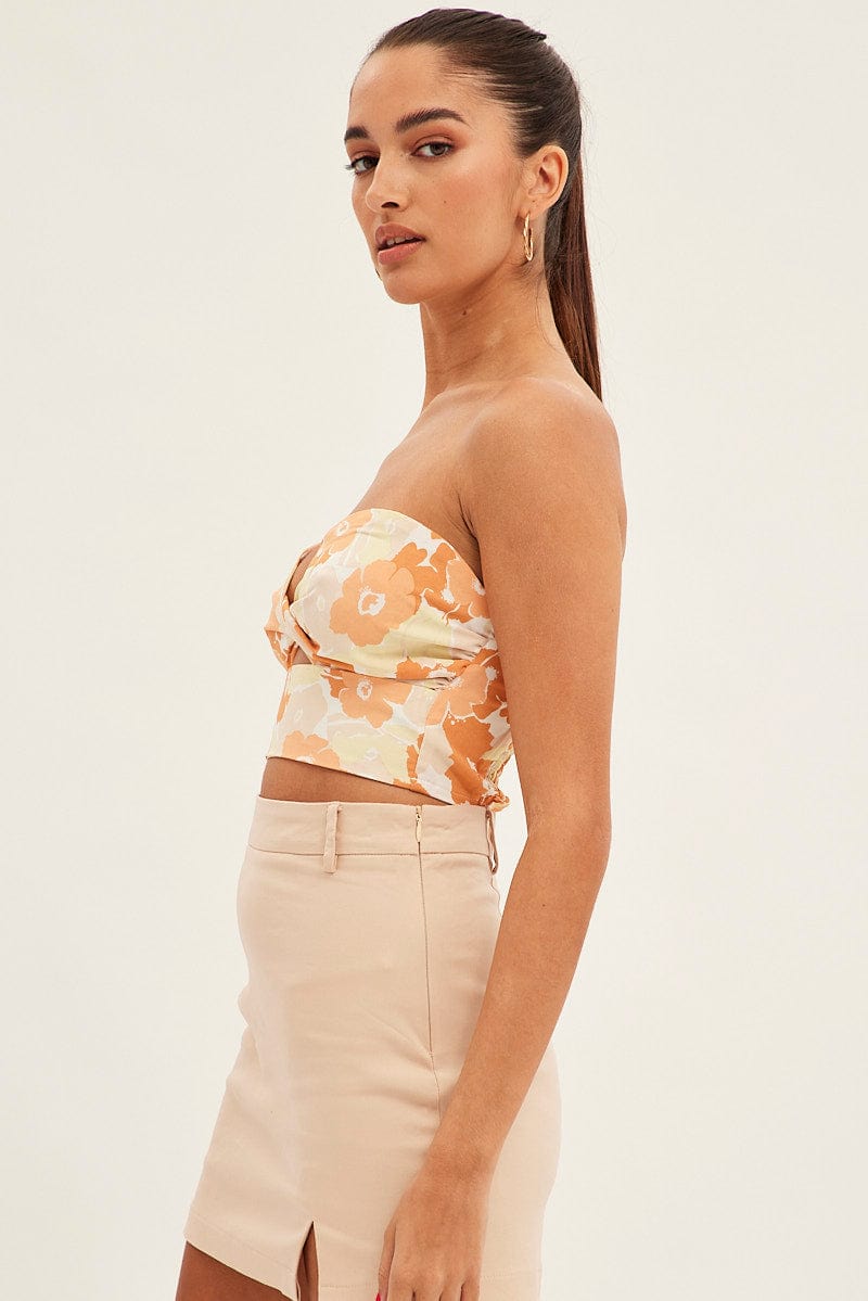 Orange Floral Twist Crop Top Bandeau Floral Print