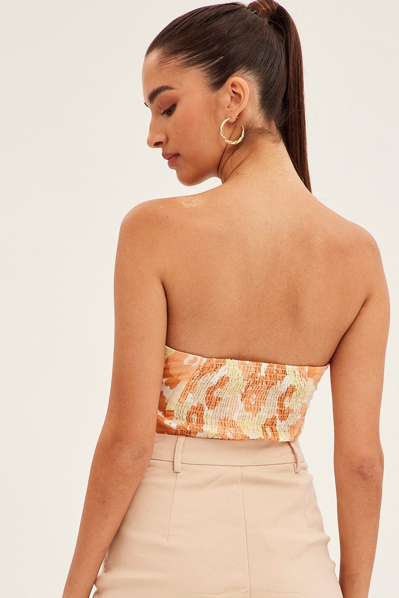 Orange Floral Twist Crop Top Bandeau Floral Print