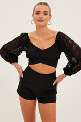 Black Crop Top Long Sleeve Sweetheart Neckline Lace