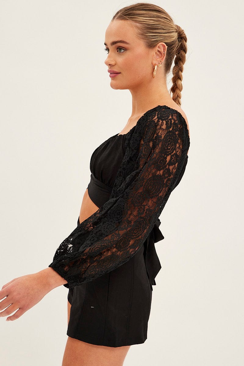 Black Crop Top Long Sleeve Sweetheart Neckline Lace