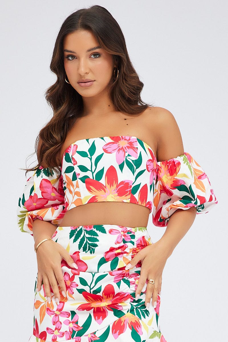 Multi Floral Crop Top Balloon Sleeve Corset Top