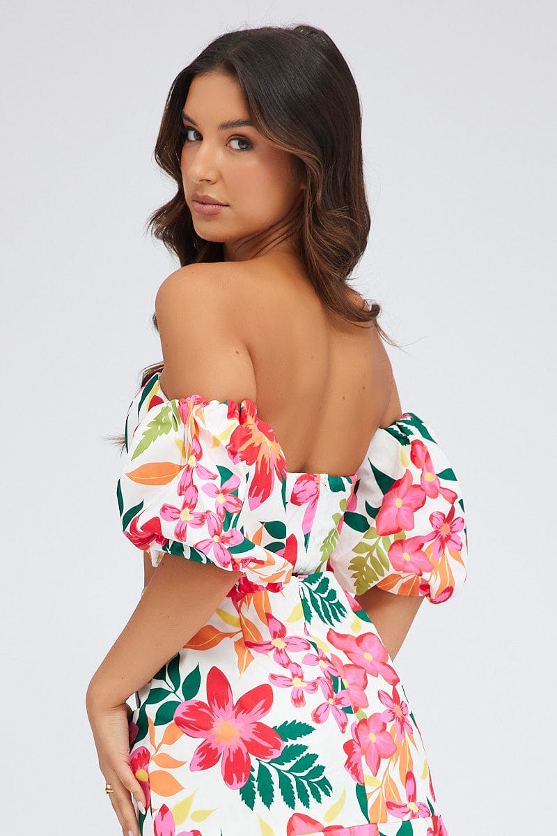 Multi Floral Crop Top Balloon Sleeve Corset Top