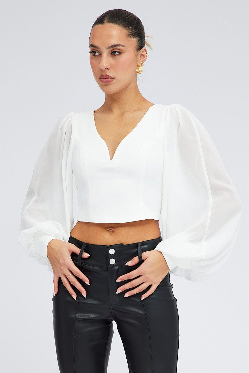 White Crop Top Long Balloon Sleeve Backless Plunge Top