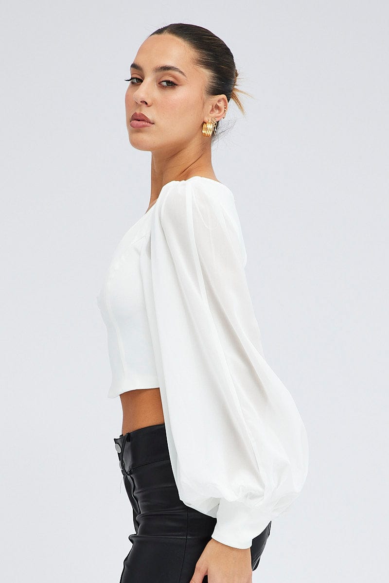 White Crop Top Long Balloon Sleeve Backless Plunge Top