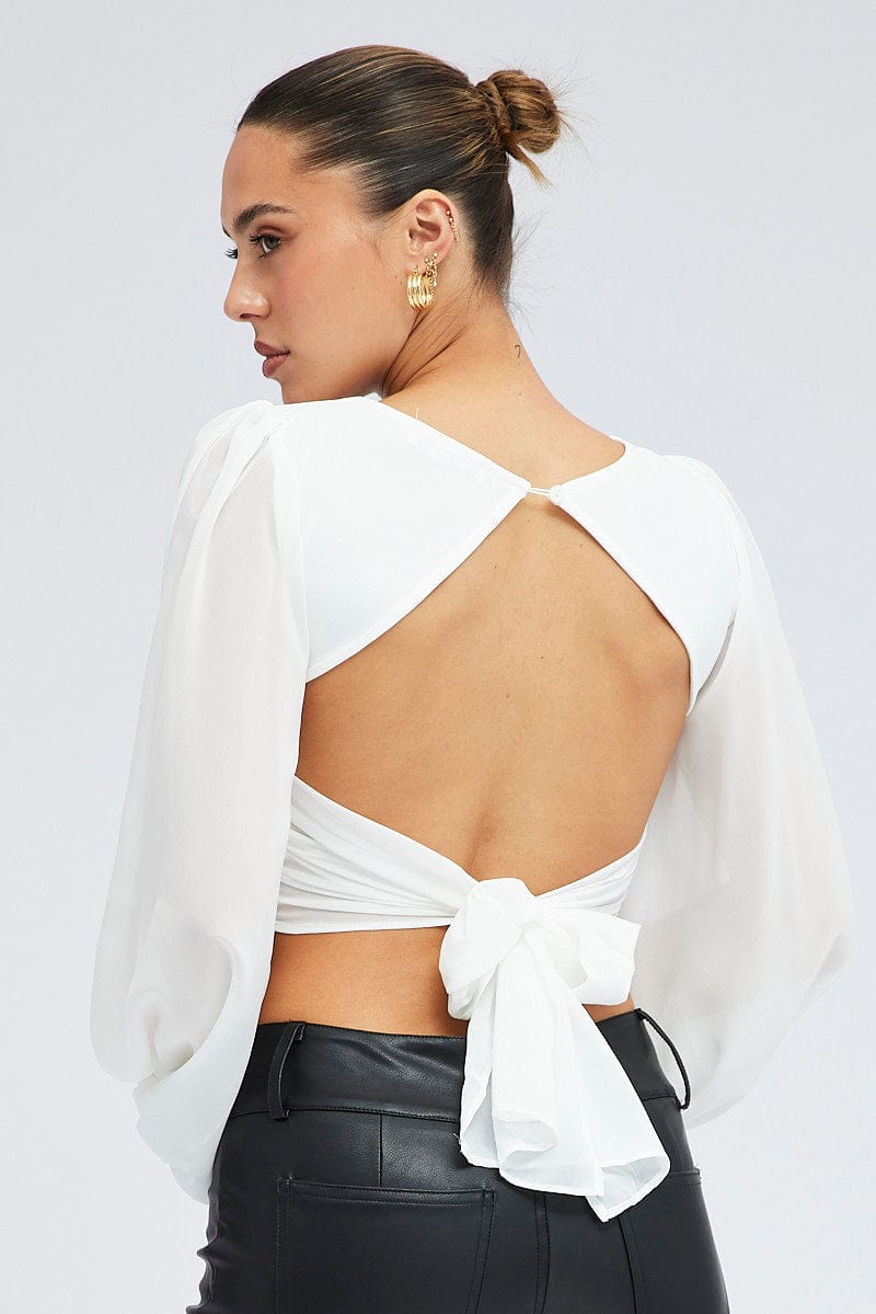 White Crop Top Long Balloon Sleeve Backless Plunge Top