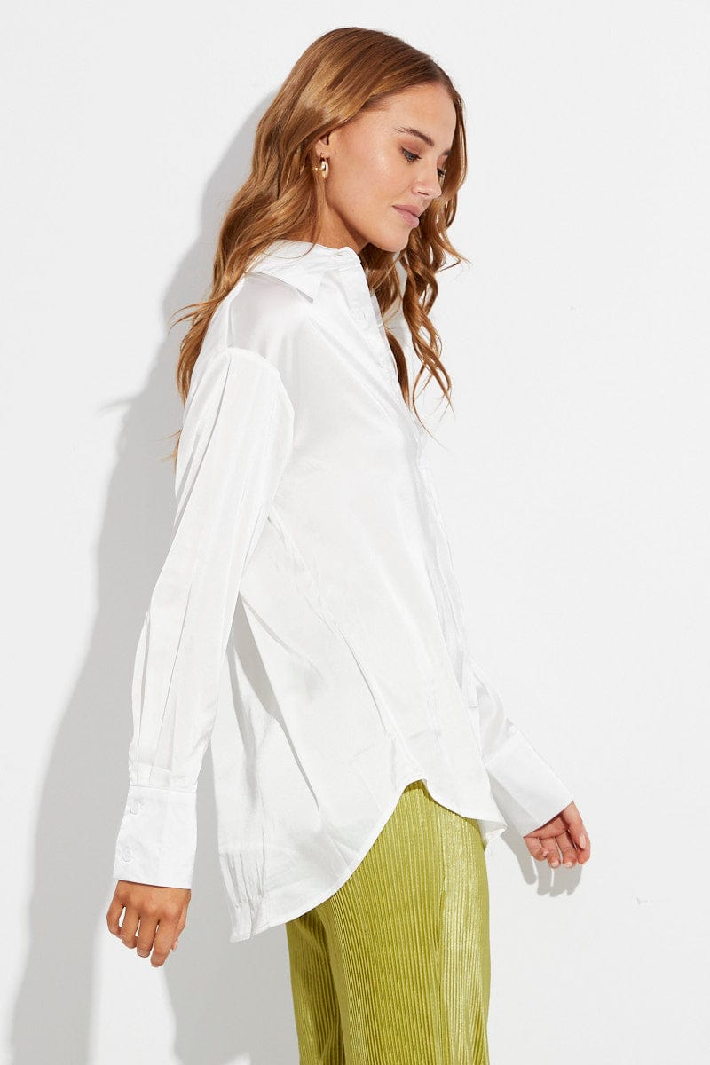 White Satin Long Sleeve Button Up Collared Shirt