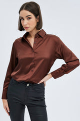 Brown Satin Shirt Long Sleeve Collared Neck