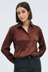 Brown Satin Shirt Long Sleeve Collared Neck