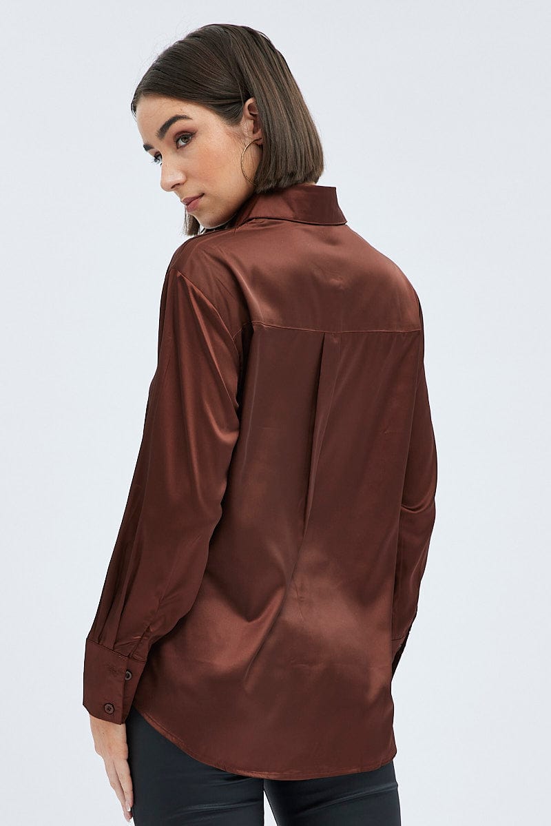 Brown Satin Shirt Long Sleeve Collared Neck