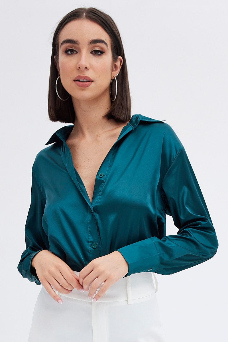 Green Satin Shirt Long Sleeve Collared Neck