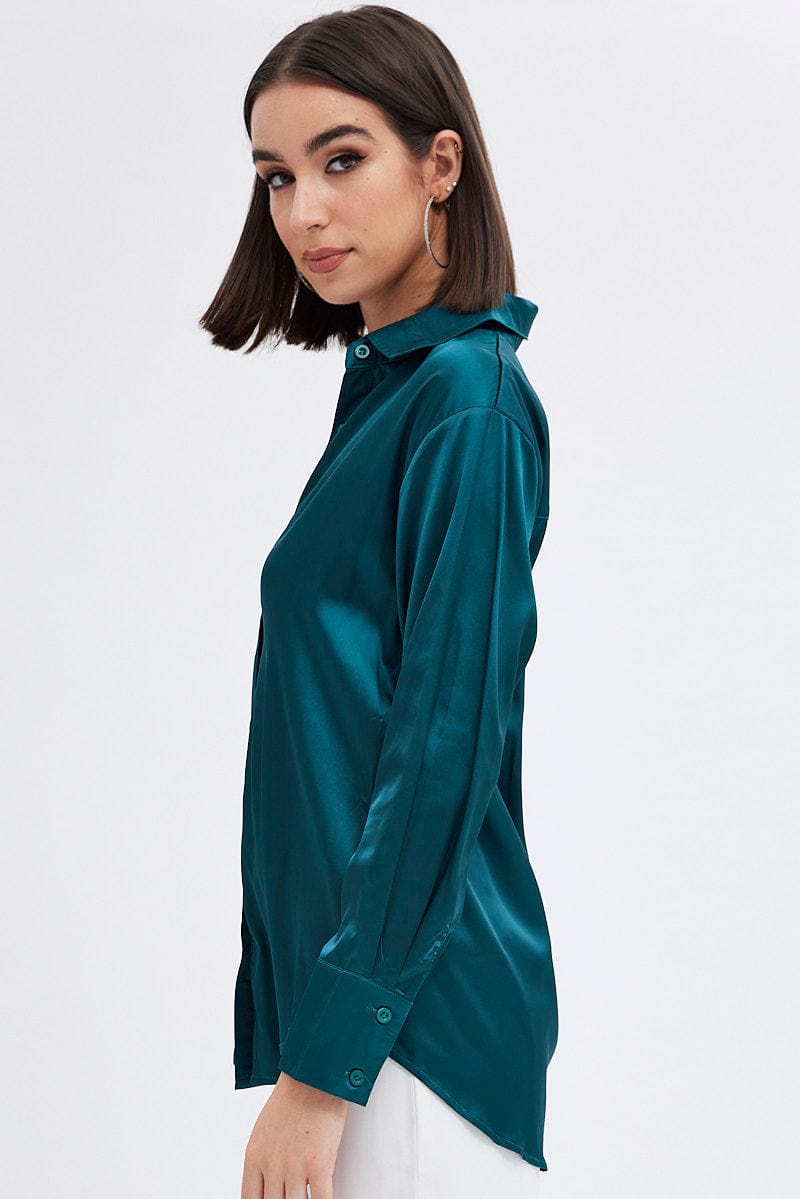 Green Satin Shirt Long Sleeve Collared Neck