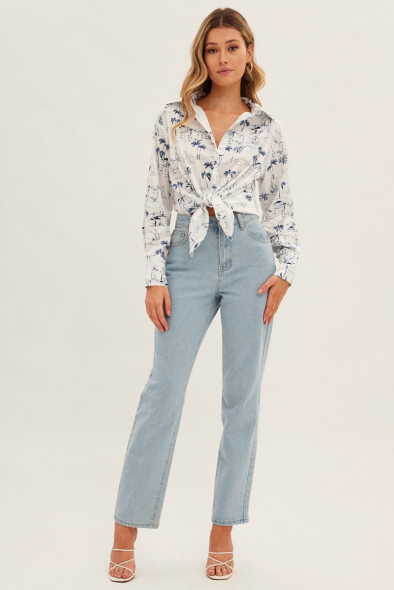 Blue Abstract Shirt Collared Long Sleeve Printed Satin