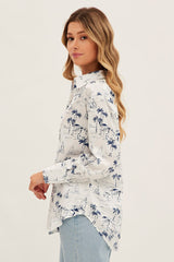 Blue Abstract Shirt Collared Long Sleeve Printed Satin