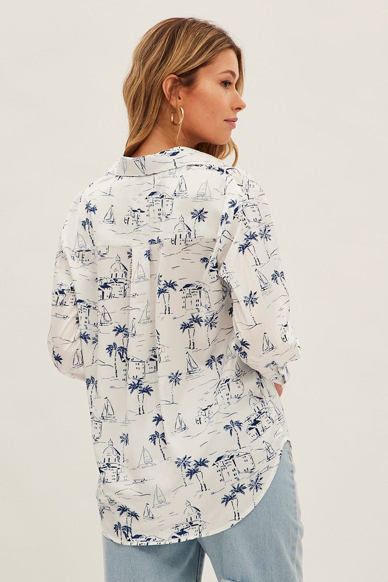 Blue Abstract Shirt Collared Long Sleeve Printed Satin