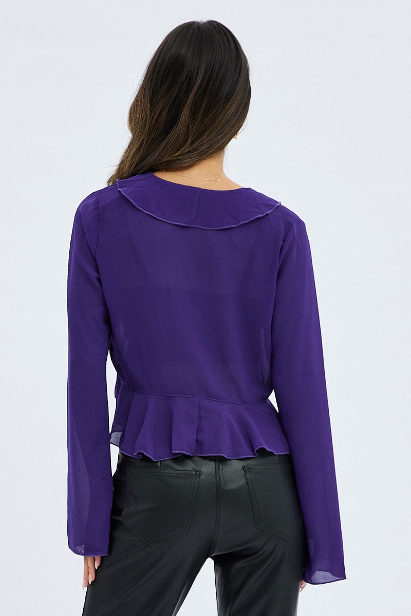 Purple Bolero Long Sleeve V Neck Ruffle Details Chiffon