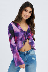 Purple Abstract Top Long Sleeve V Neck Tie Ruffle Abstract Chiffon