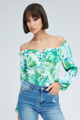 Green Floral Bodysuit Long Sleeve Floral Print