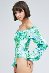 Green Floral Bodysuit Long Sleeve Floral Print