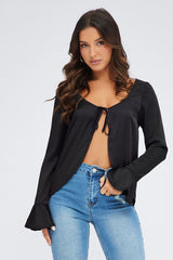 Black Tie Front Top Long Sleeve Scoop Neck Satin