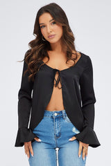 Black Tie Front Top Long Sleeve Scoop Neck Satin