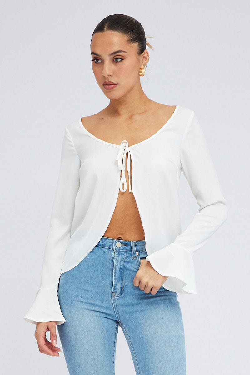 White Tie Front Top Long Sleeve Scoop Neck Satin