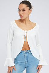 White Tie Front Top Long Sleeve Scoop Neck Satin