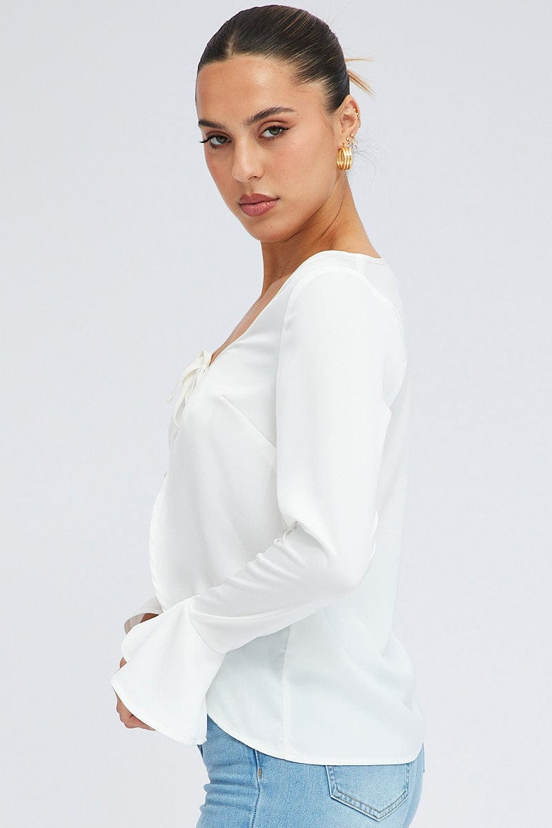 White Tie Front Top Long Sleeve Scoop Neck Satin