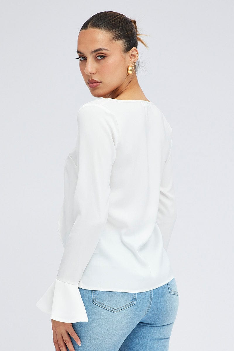 White Tie Front Top Long Sleeve Scoop Neck Satin