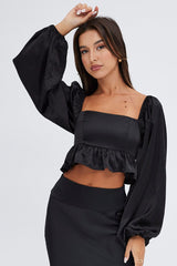 Black Crop Top Long Sleeve Square Neck Frill Hem Satin