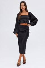 Black Crop Top Long Sleeve Square Neck Frill Hem Satin