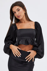 Black Crop Top Long Sleeve Square Neck Frill Hem Satin