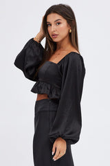 Black Crop Top Long Sleeve Square Neck Frill Hem Satin