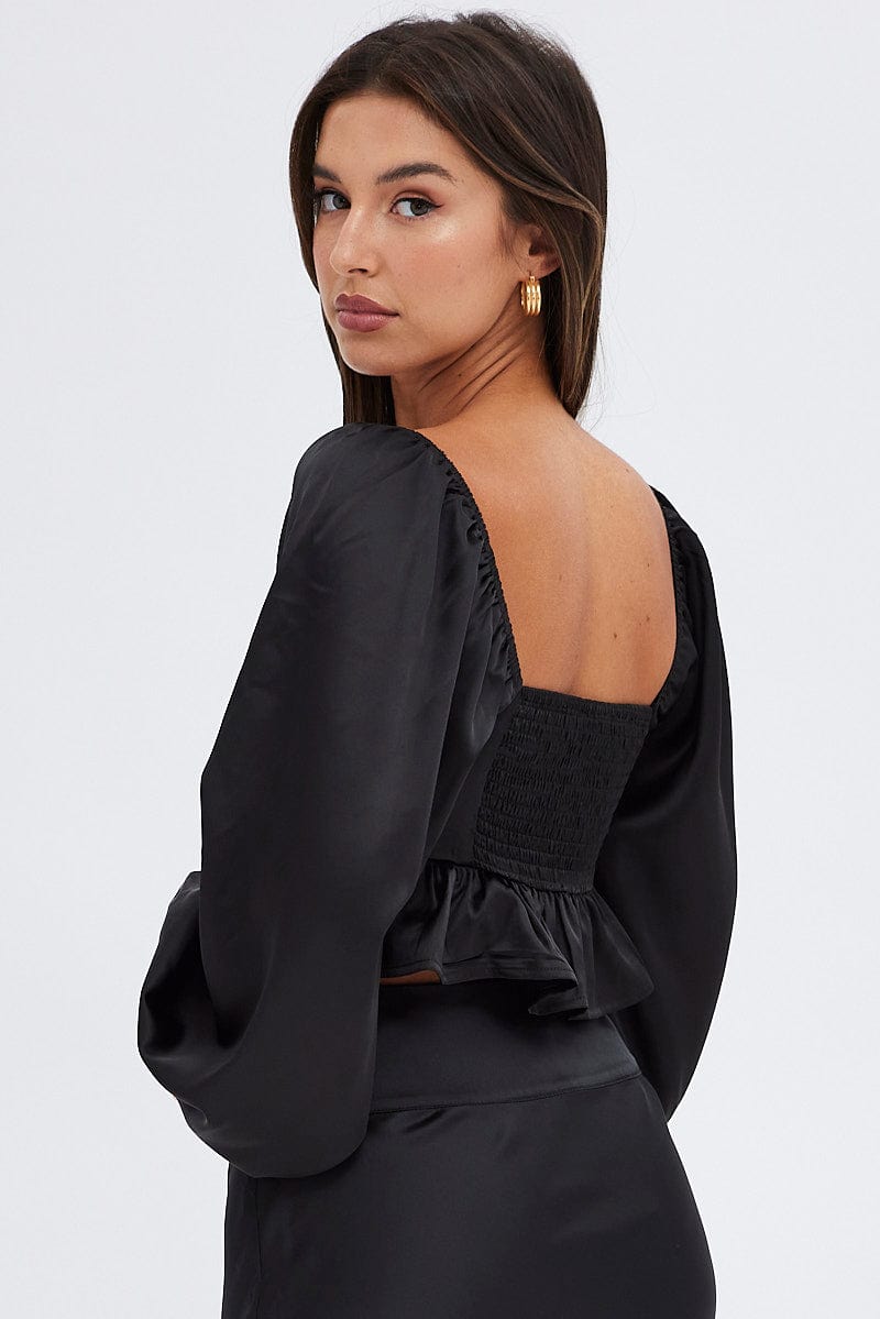 Black Crop Top Long Sleeve Square Neck Frill Hem Satin