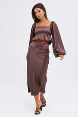 Brown Crop Top Long Sleeve Square Neck Frill Hem Satin