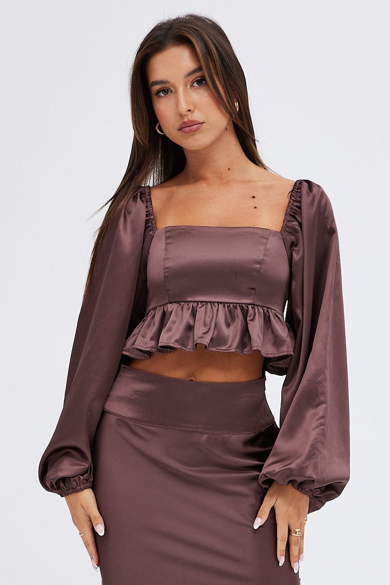 Brown Crop Top Long Sleeve Square Neck Frill Hem Satin