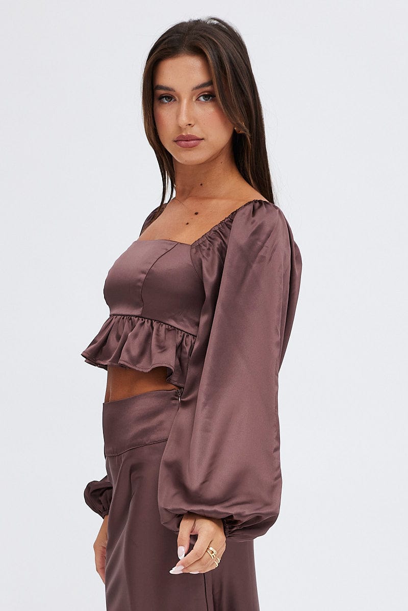 Brown Crop Top Long Sleeve Square Neck Frill Hem Satin