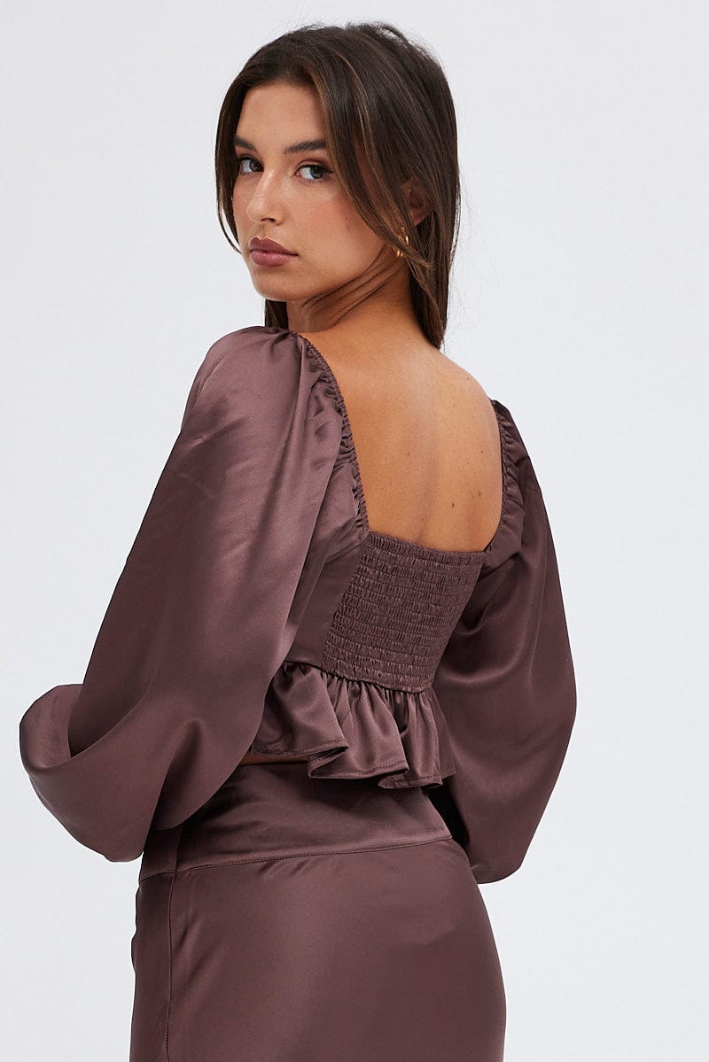 Brown Crop Top Long Sleeve Square Neck Frill Hem Satin