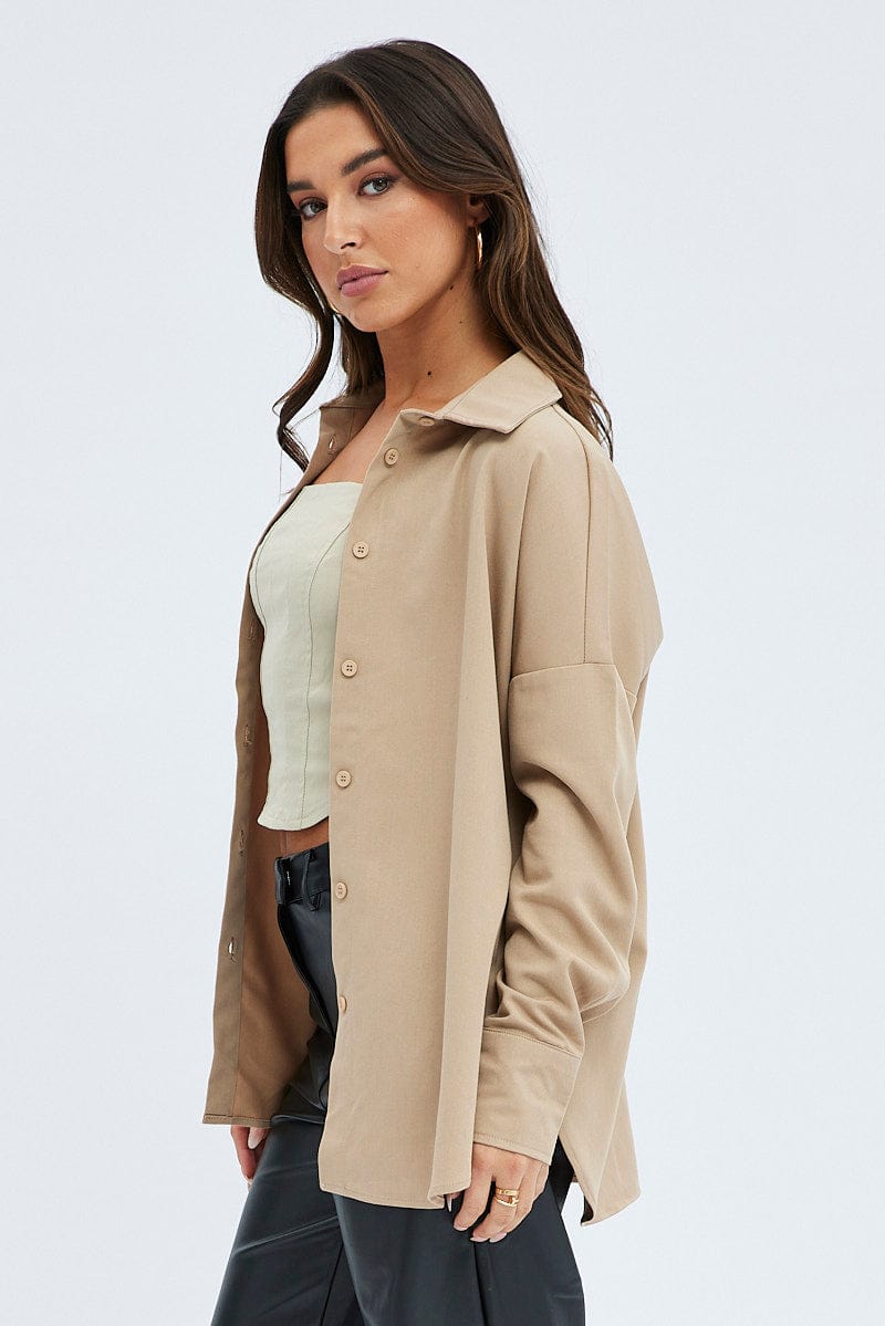 Camel Shirt Long Sleeve Collared Oversized Button Up