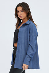 Blue Shirt Long Sleeve Collared Oversized Button Up