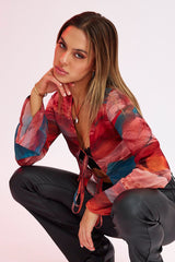 Multi Abstract Top Long Sleeve V-Neck Tie Front