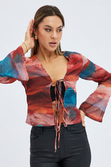 Multi Abstract Top Long Sleeve V-Neck Tie Front