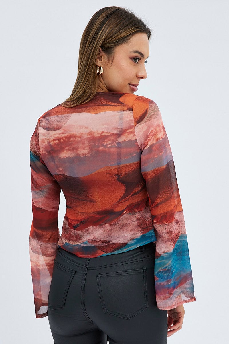 Multi Abstract Top Long Sleeve V-Neck Tie Front